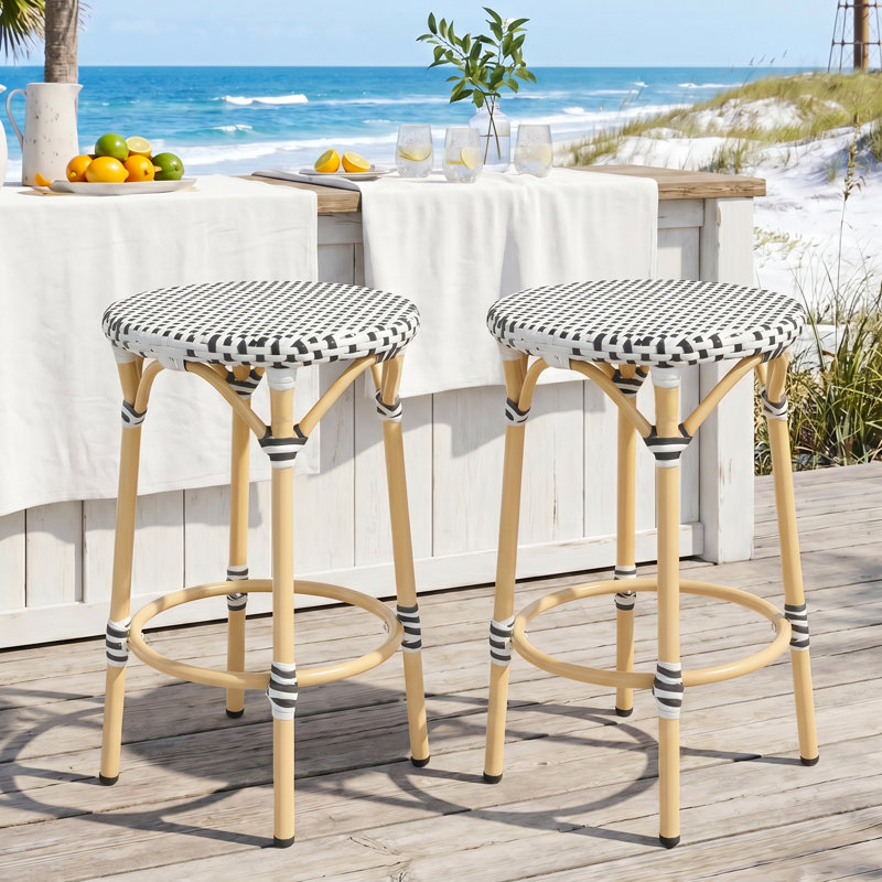 Tabouret de bar d'extérieur en rotin de 25 po avec repose-pieds rond, tabouret de comptoir sans dossier en polyéthylène (PE) pour îlot de cuisine / salle à manger / bord de mer / jardin