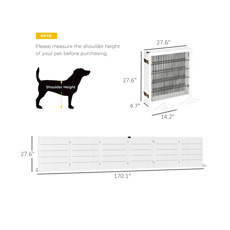 170" Freestanding Wooden Dog Gate, 6-Panel Foldable Safety Barrier For Doorways/Stairs, White