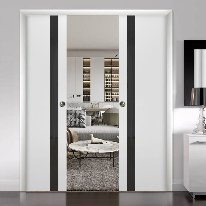 Portes coulissantes en verre givré Planum, 48 po x 84 po, Soie blanche / noir