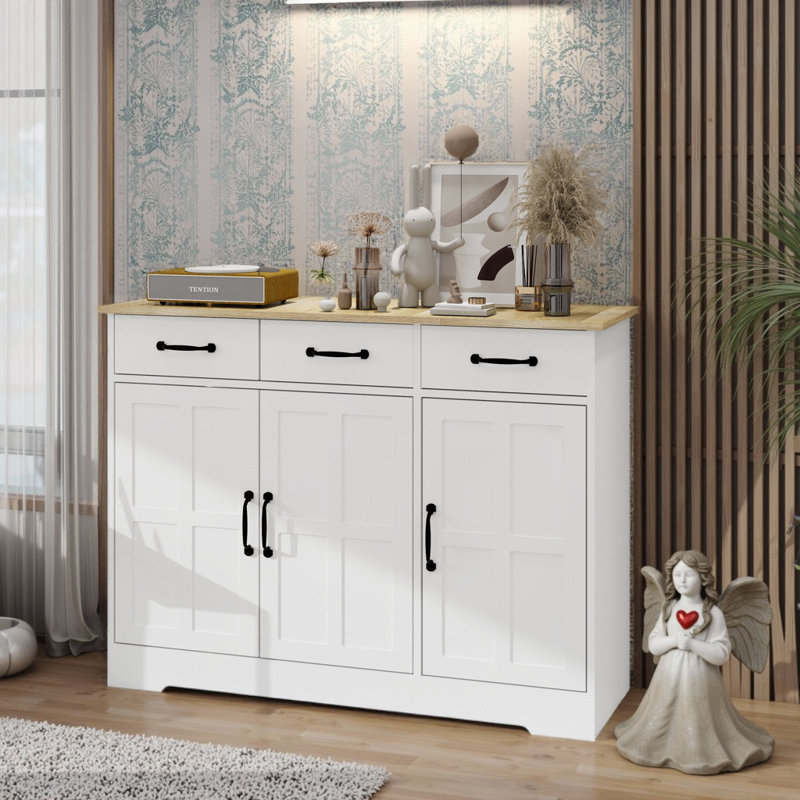 Farmhouse Buffet Cabinet Storage Sideboard With 3 Drawers And 3 Doors For Dining Living Room Kitchen Cupboard-White