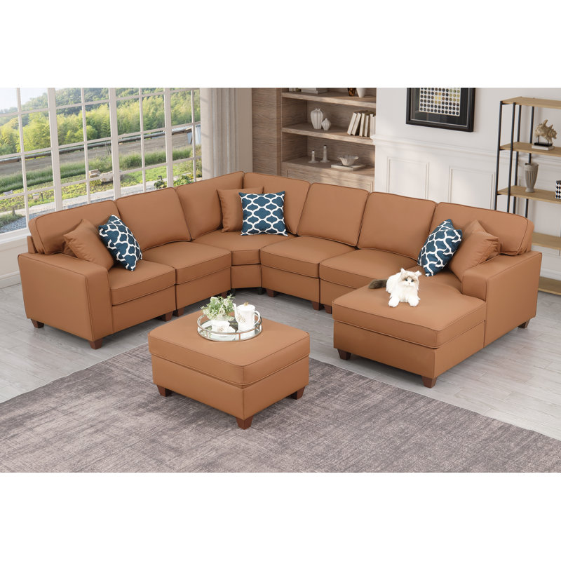 Canapé modulaire en cuir artificiel avec repose-pieds, Cuir artificiel brun