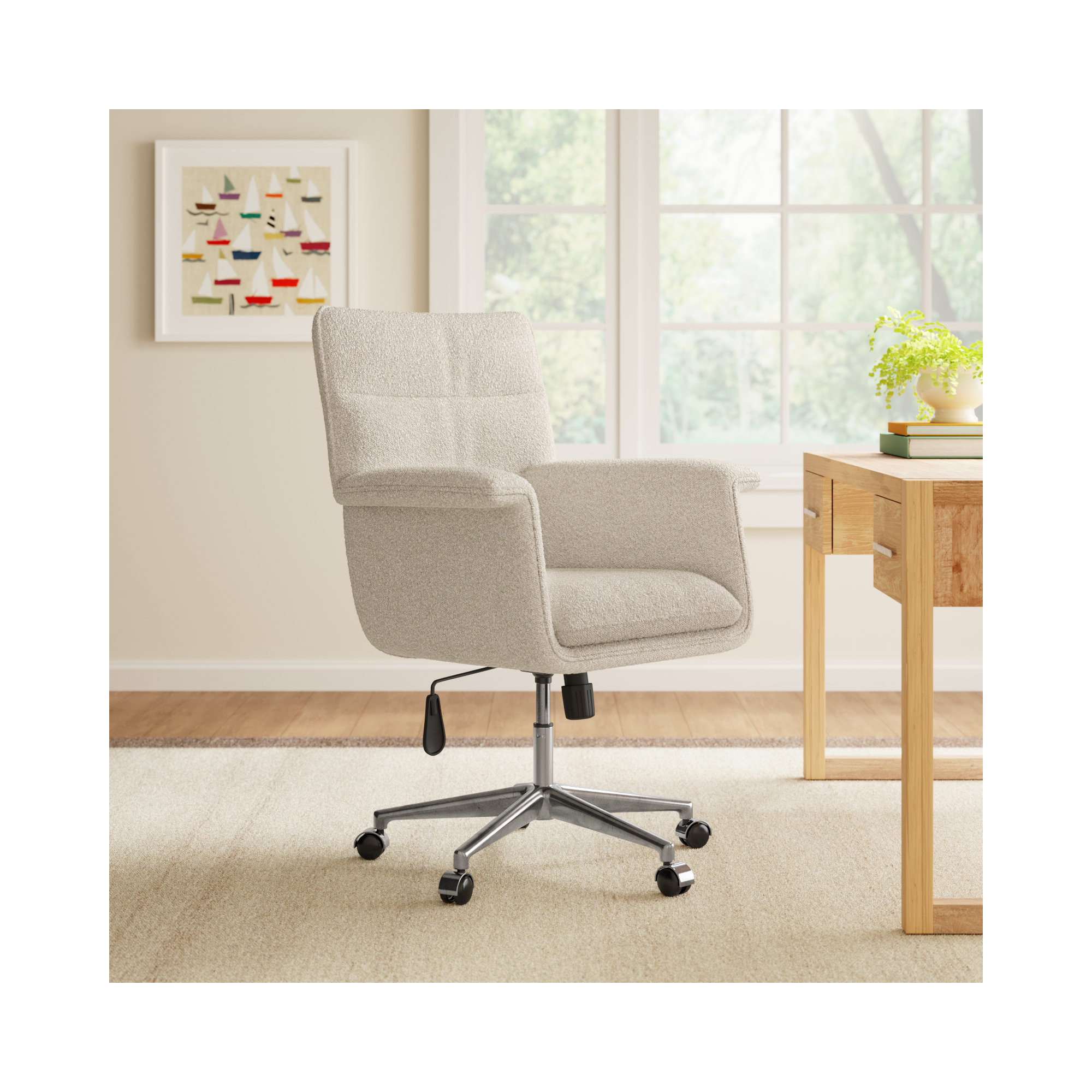 Erie Swivel Office Chair, Cream Boucle