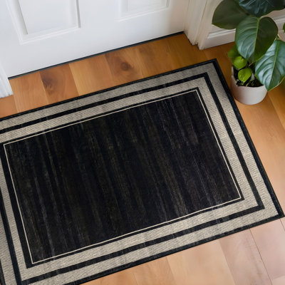 Striped Border Black Machine Washable Non-Slip Backing Area Rug