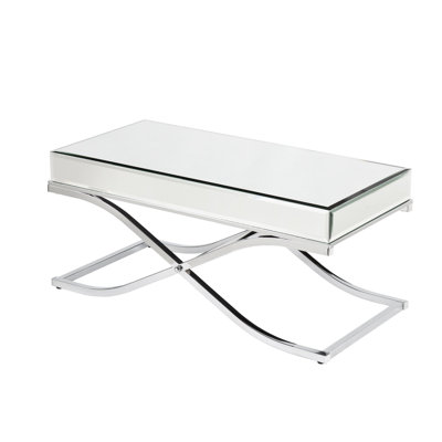 Gracie Mills 42" Silver Mirrored And Metal Rectangular Mirrored Coffee Table – Modern Glass Top Glass