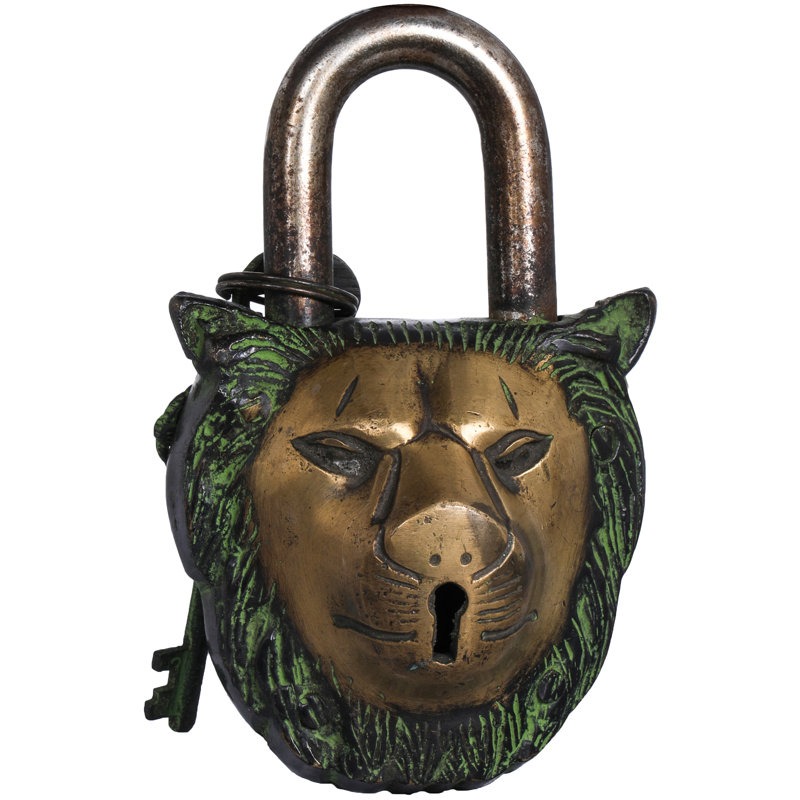 5.4" Brass Lion Head Lock with Auspicious Symbols - Handmade Door Gate Padlock for Home Decor Security