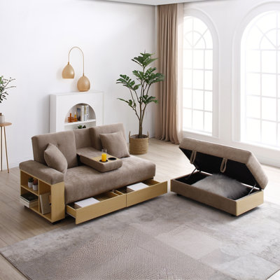 Convertible Sleeper Sofa Couch with Box and Drawer,2 Cup Holders