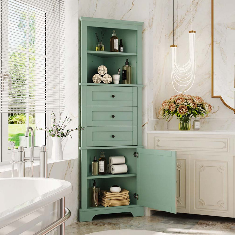 Armoire haute triangulaire avec trois tiroirs et tablettes réglables, Vert