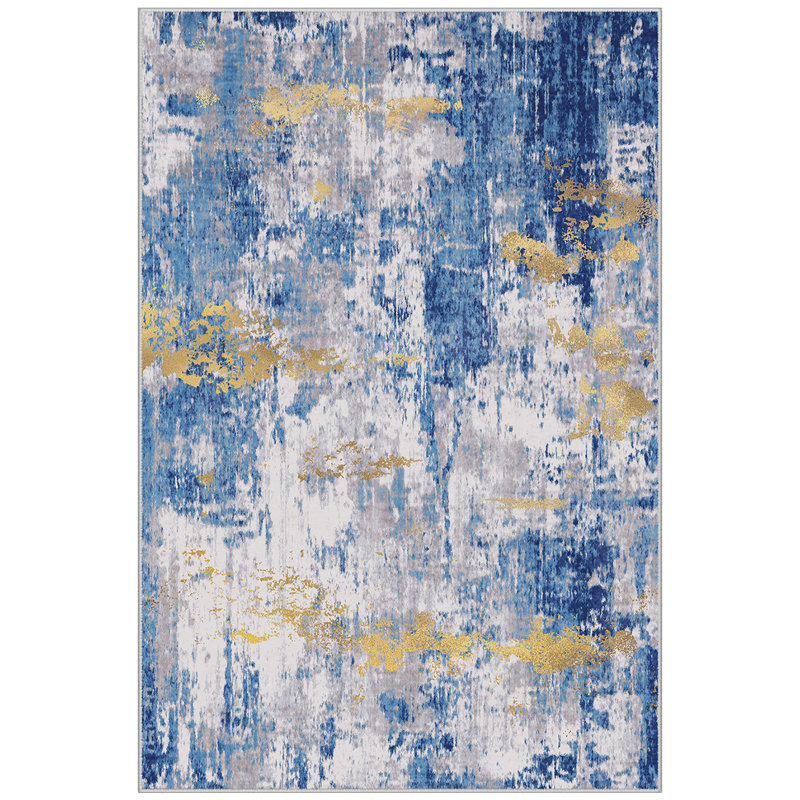 Modern Abstract Printed Area Rug Non-Slip Machine Washable Low Pile for Living Room Bedroom, Rectangle 6' x 9', Blue/Gold