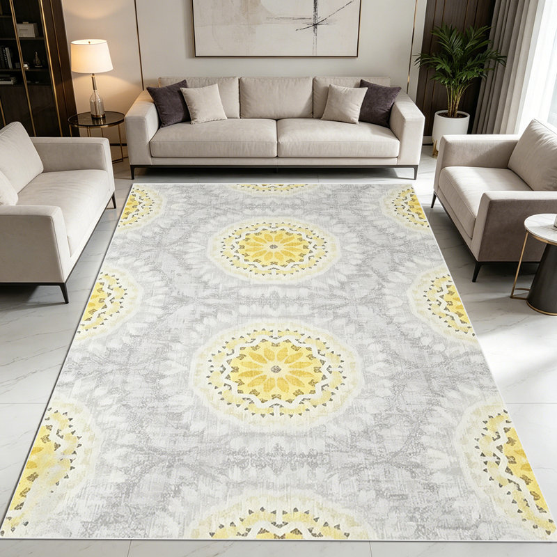 1PC Vintage Distressed Yellow and Grey Medallion area rugs for Living Room, Soft, All seasons, Easy-maintain, Washable Indoor mat, Farmhouse suitable for Dining Table, Bedroom, Entryway, Kitchen, Home Office, Patio, Home Decor, Outdoor Decor.