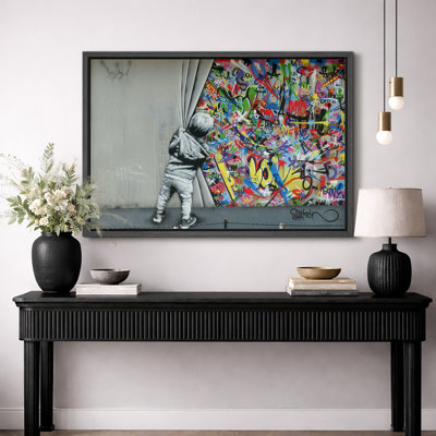 Pop Urban Street "Banksy British Artist Kid Spray Paint Curtain Artwork, Vibrant Illusion Colorful Wall Pictures, Large Framed Canvas Giclee Print Wall Art"