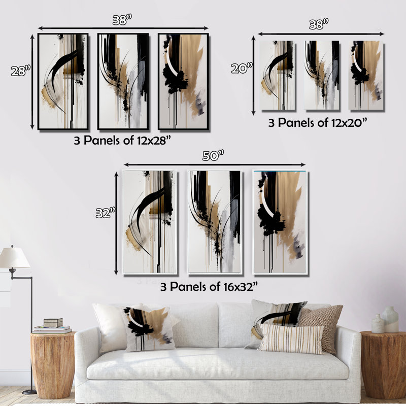 Noir, blanc et or Expression I - ensemble d'art abstrait mural de 3, Blanc, H 20 po x l 36 po