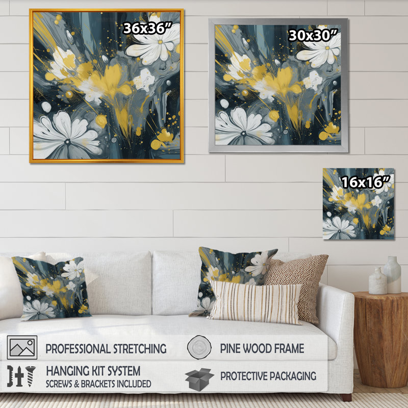 Jaune et blanc, jacinthe, paysage I - impression, H 16 po x l 16 po x P 1 po, Cadre flottant doré