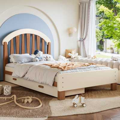 Lit plateforme simple avec tiroir de rangement, structure de lit simple en bois avec tête de lit ronde, aucun sommier nécessaire, beige et naturel profond