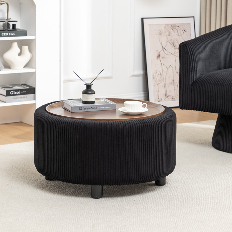 Table basse ronde avec rangement Pietsch, Velours côtelé noir