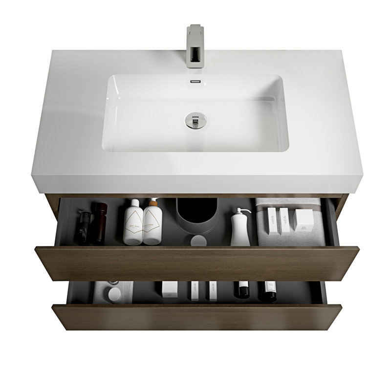 Rosehill Wall Mounted Single Bathroom Vanity with Engineered Stone Top, Dark Oak, White