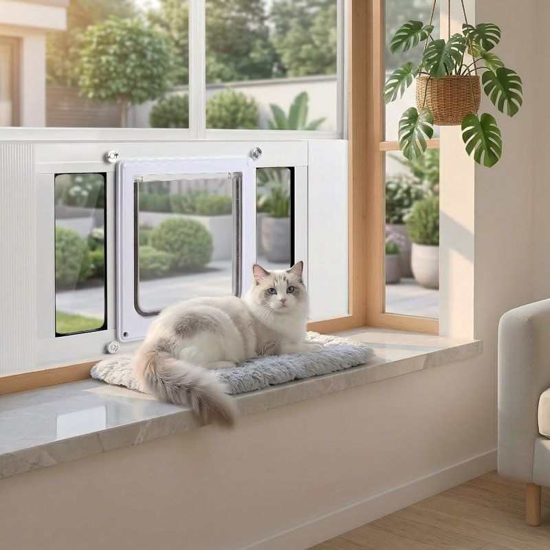 Porte-chat à installation rapide pour fenêtre, sans perçage, convient aux fenêtres de 24 à 28 po de largeur, cadre en aluminium, 4 modes de verrouillage pour le contrôle d'accès des animaux de compagnie