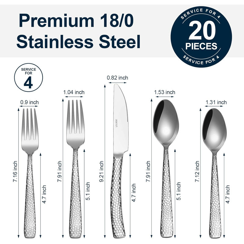 Theoson Silverware Set - 20-Piece Hammered Stainless Steel Flatware, Dishwasher Safe