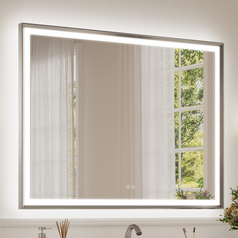 Modern Bathroom LED Mirror with Tempered Glass, Beveled Frame Vanity  Aluminum Frame Wall Mirror, Brushed Nickel, 36" x 48"