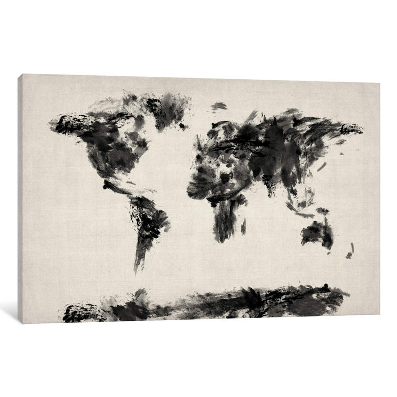 Map Of The World Paint Splashes (Black) by Michael Tompsett - Wrapped Canvas Painting, 101.6 cm H x 66.04 cm W x 3.175 cm D
