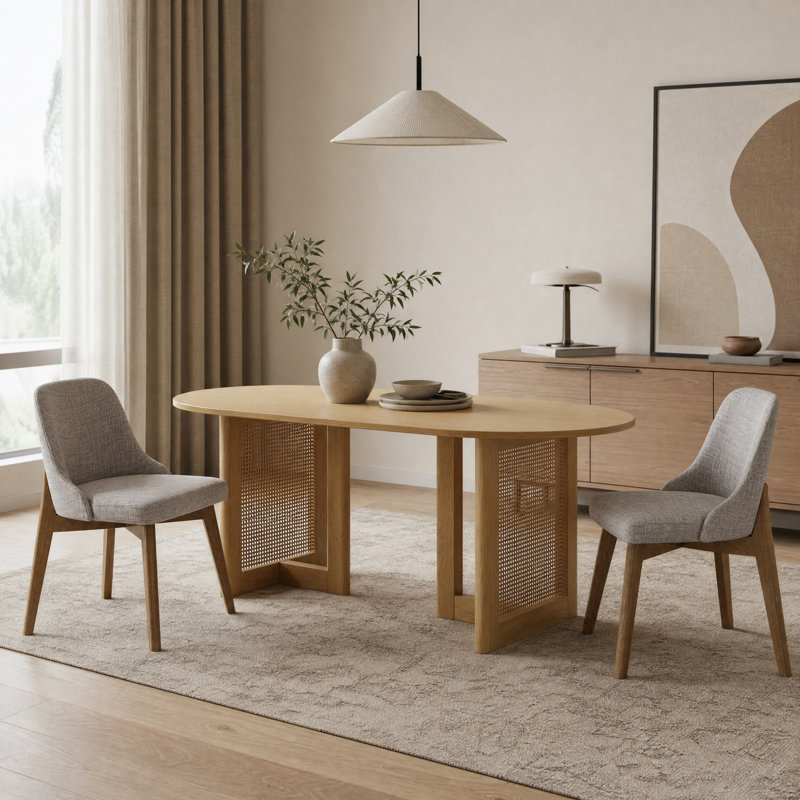 Ensemble de table et de chaises de salle à manger ovales de 170 cm (67 po) avec des chaises rembourrées, en rotin, avec double piétement pour 2 à 6 personnes.