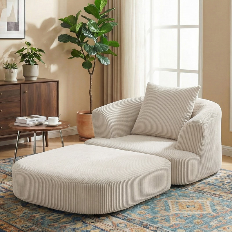 Fauteuil demi-tonneau d'appoint convertible surdimensionné rembourré, Velours côtelé beige