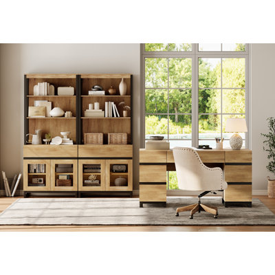 Home Office Furniture Set: 59In Modern Executive Desk With Charging Station & Drawers And Two 72In Tall Bookcases With Storage Cabinet, Home Office F
