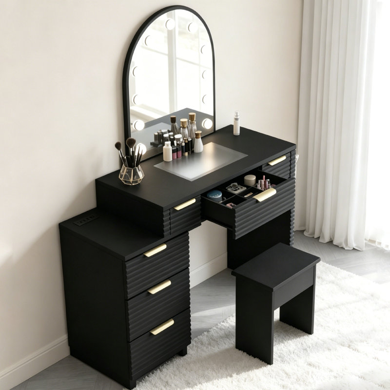 Makeup Vanity with Mirror, Vanity Set,  Stool Included, for Bedroom, Black