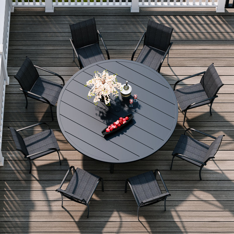 8 Person Patio Dining Set with 53" Round Metal Dining Table and 8 Stackable Textilene Chairs