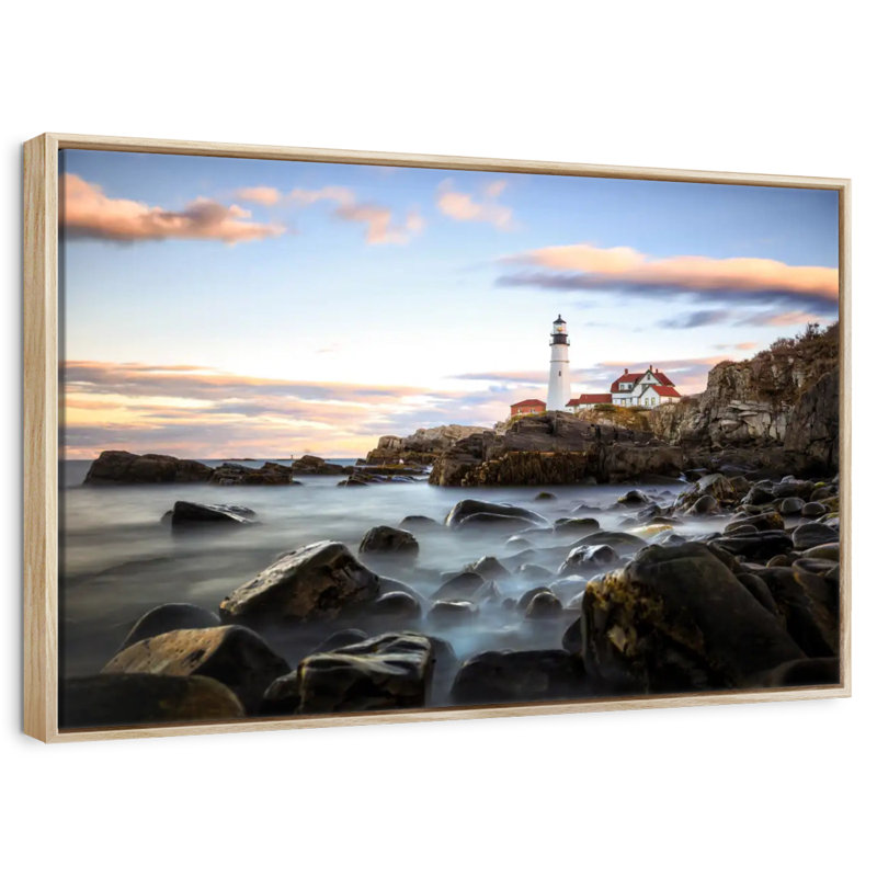 Coucher de soleil sur le phare de Portland, Cadre flottant en bois naturel, 13 po x 9 po