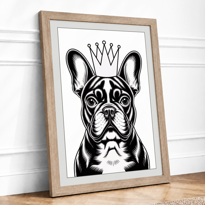 Crowned Bulldog Minimalist - Framed Print, A3 - 42.0 x 29.7 cm, Oak