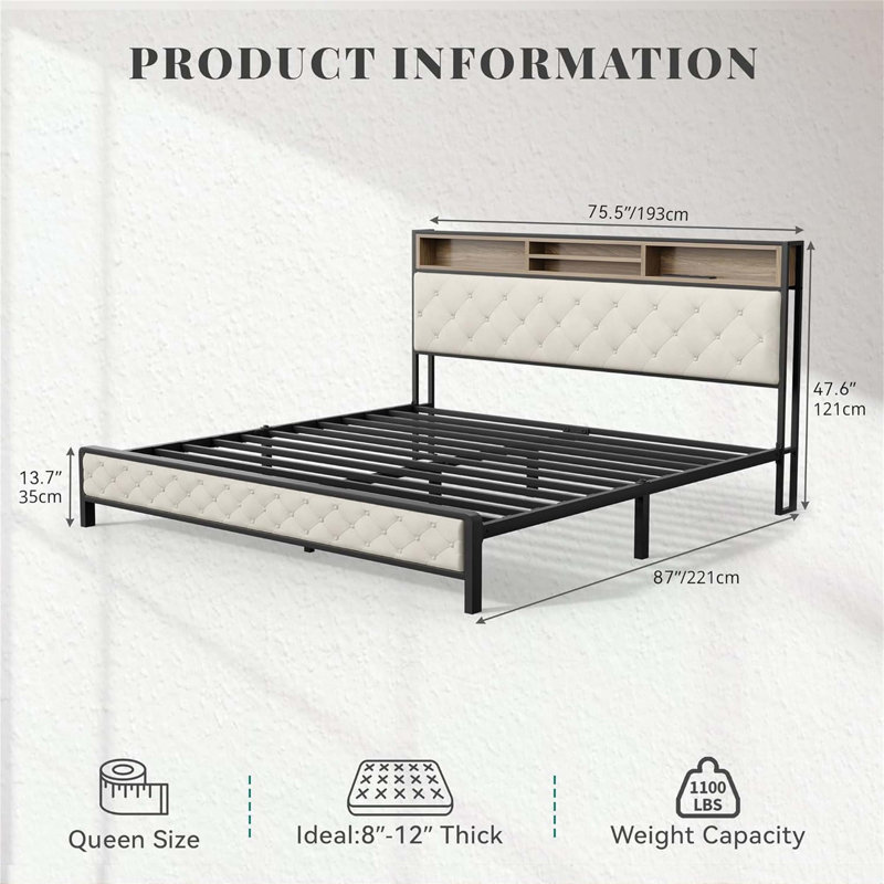 Très grande base de lit, base de lit plateforme avec station de charge, tête de lit et pied de lit rembourrés avec lattes de support en métal, sommier non requis, beige (sans tiroirs)