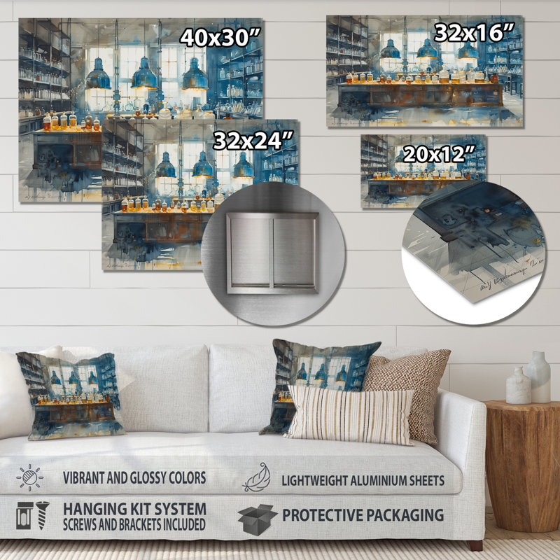 Salon d'art mural bleu et jaune, Sans cadre, métal, 16" H x 32" W