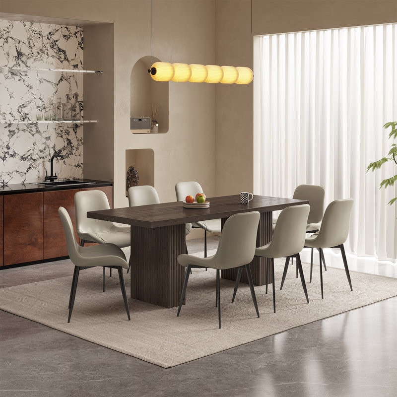 Ensemble de table de salle à manger 66,93 "Mid-Century rectangulaire brun avec 8 chaises pour la cuisine, le bar et le salon