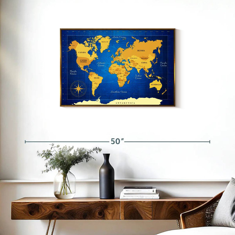 Carte du monde jaune, 31 po x 21 po, Cadre flottant doré