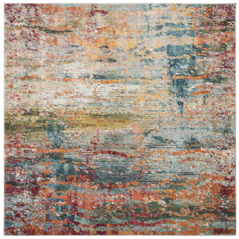 Tapis abstrait bleu sarcelle / orange Harrill, Carré 9 pi