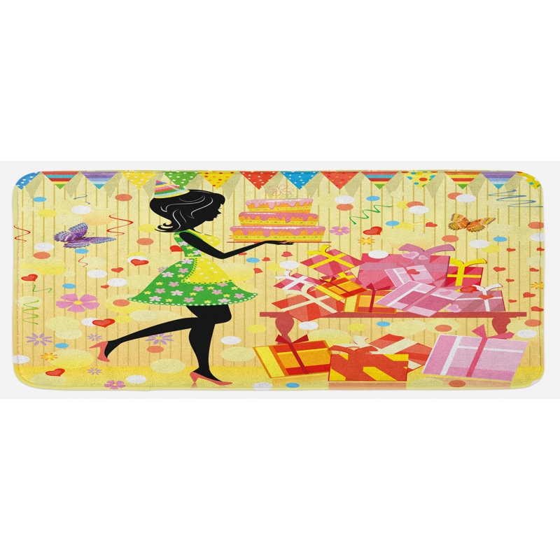 Tapis de cuisine en multicolore avec papillon jeune femme et gâteau