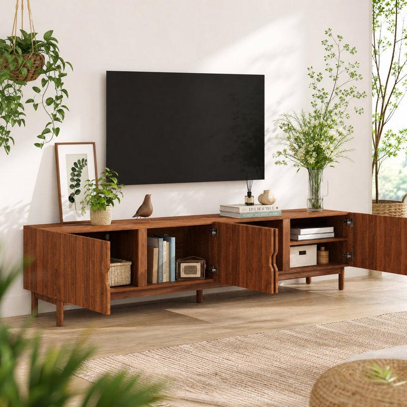 Meuble télé moderne de 220 cm (86,6 po) pour téléviseurs jusqu'à 229 cm (90 po) avec rangement à 4 portes, noyer
