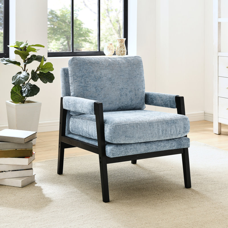 Fauteuil Mid-Century moderne en chenille bleue - Revêtement somptueux, structure en bois massif, coussin de dossier amovible pour une assise optimale, assise rembourrée confortable, structure, sur mesure
