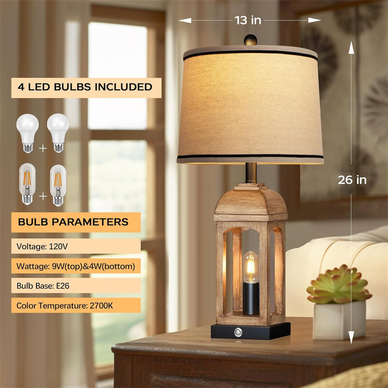 Lampe de table pour le salon, ensemble de 2 lampes de ferme avec USB A + C et veilleuse, lampes de chevet rustiques de 26 po avec commande tactile à intensité variable à 3 voies, lampe de table de chevet pour le décor de la chambre à coucher, grain de bois