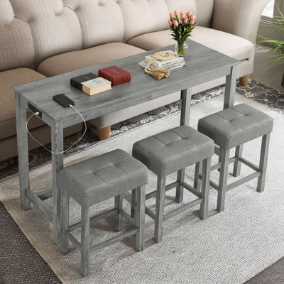 59-inch Bar Table, Dining Table, Sofa Table With Power Outlet, 3 Cushioned Stools, 4-piece Bar Table And Chair Set For Living Room, Dining Room, Kitchen, Gray