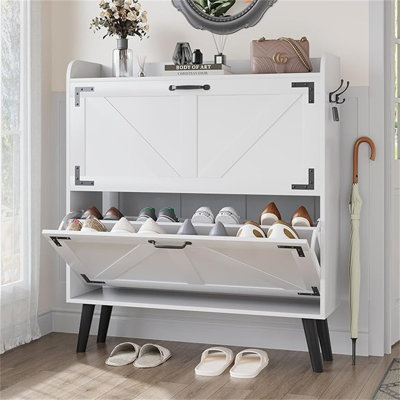 Narrow Shoe Storage Cabinet,Hidden Shoe Cabinet With 4 Wooden Legs,31.5" W Farmhouse Style Freestanding Shoe Rack,White Shoe Cabinet With 2 Flip Drawers For Entryway,Hallways