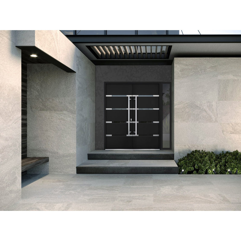 Porte d'entrée extérieure double prémontée en métal Deux 1105, avec imposte latérale en verre miroir émaillé noir, style moderne, peinte, ouverture vers l'intérieur à gauche, dimensions 84 x 80 pouces.