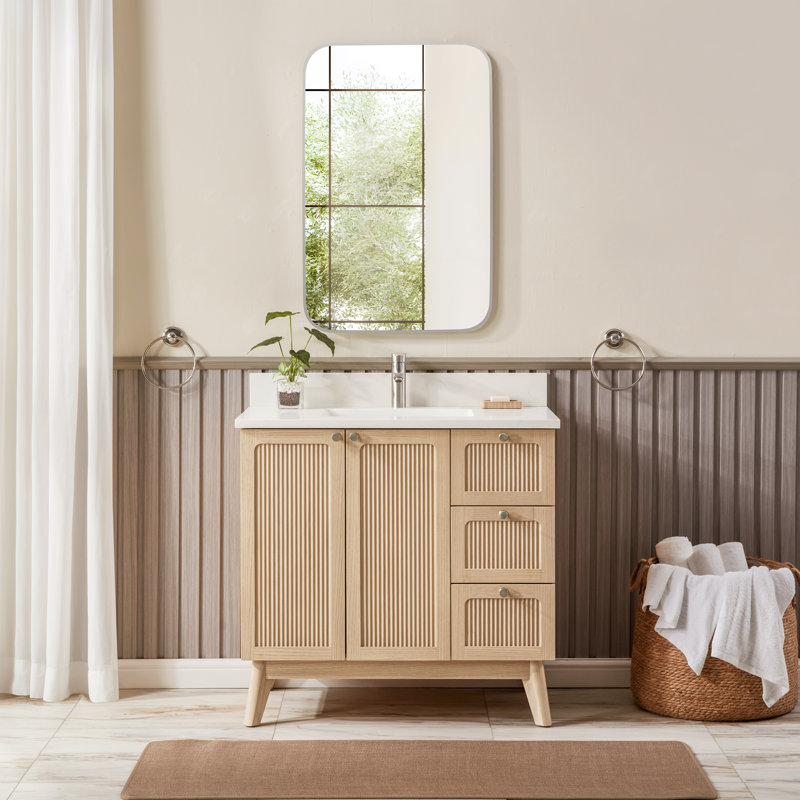 36 po. Meuble-lavabo autoportant à simple cuve en chêne blanc avec plateau en quartz de Carrare
