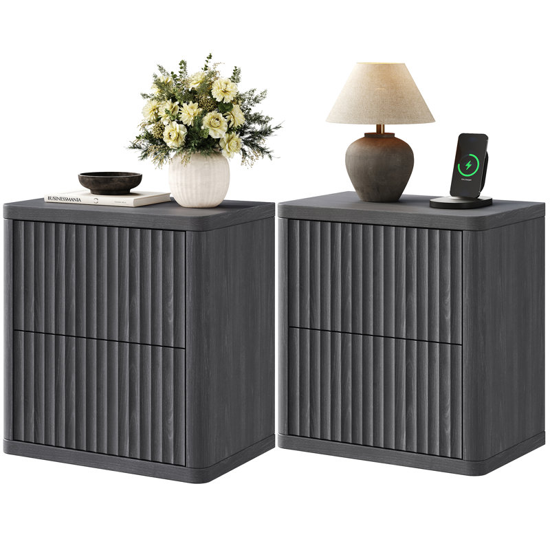 Fluted Nightstand With 2 Pop-Up Drawers, Black Alder, Set of 2