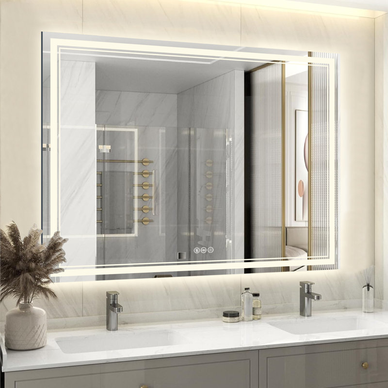 Miroir de salle de bain à DEL sans cadre à intensité variable avec désembuage, fonction d'éclairage réglable en 3 couleurs