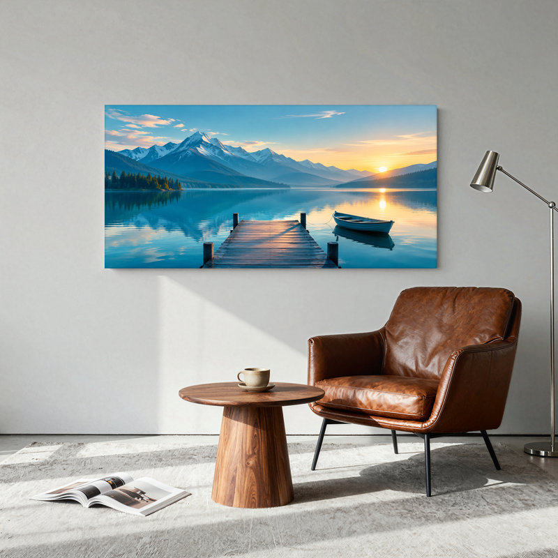 " Wooden Dock And Boat On Calm Lake With Snowy Mountains ", 20"W x 10"H