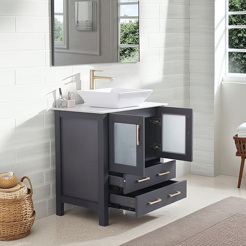 30" Modern Dark Gray Freestanding Vessel Bathroom Vanity with Ceramic Top