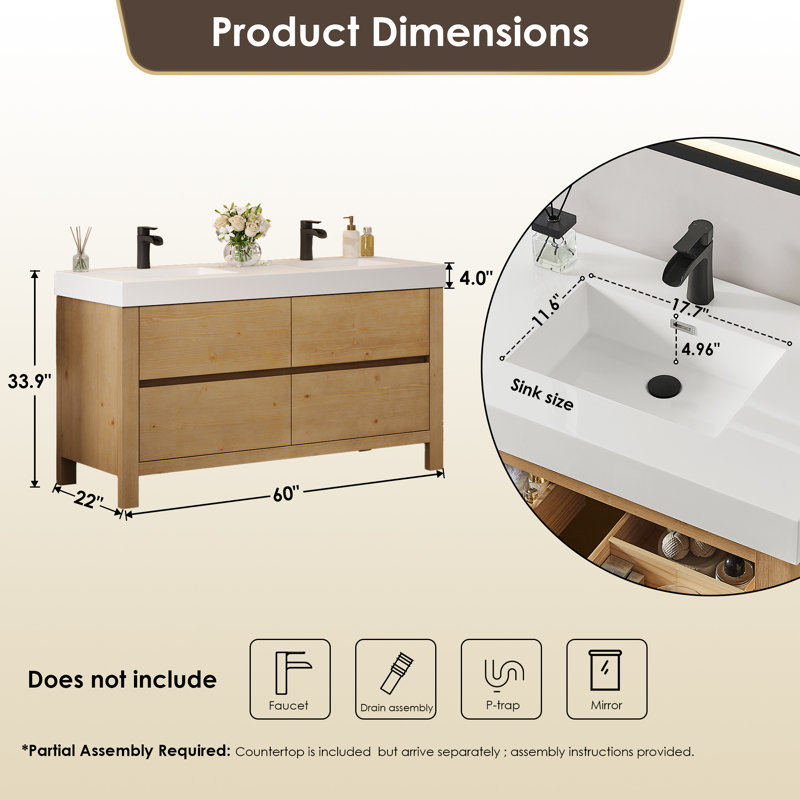 Abbie 60" Double Bathroom Vanity in Weathered Fir with White Artificial Stone Integrated Sink without Mirror