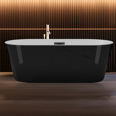 Acrylic Freestanding Bathtub with Heavy-Duty Resin - Deep Stand Alone Soaker, Chrome Drain & Overflow, Modern Ergonomic Comfort (59", Black & White)