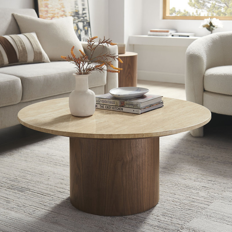Kioni Round Travertine Coffee Table In Walnut